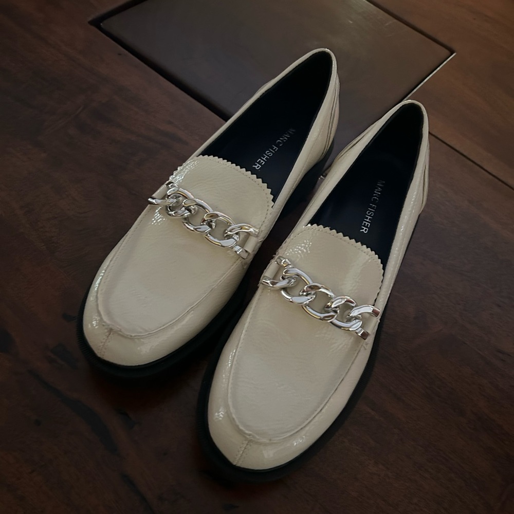 Brand New Marc Fisher Louanz Loafer. Cream patent leather. Low heel